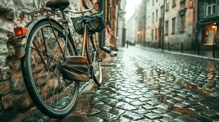 Foto auf Acrylglas Fahrrad A bicycle leaning on a wall on a wet cobbled street in a romantic old city