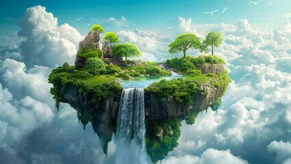 A beautiful green isle floating among clouds - obrazy, fototapety, plakaty