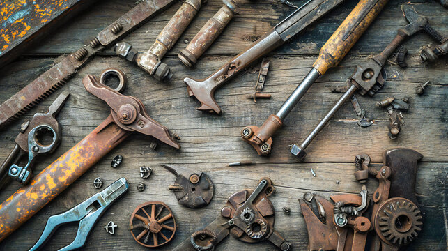 A group of vintage hardware tools on an old wooden table