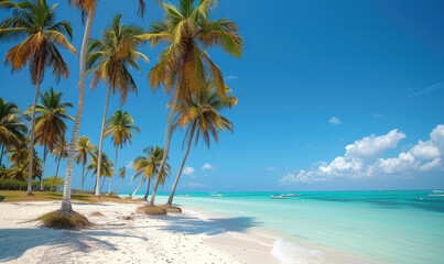 Beautiful tranquil empty bright white paradise sand beach,  palm trees, and  turquoise water in Zanzibar - obrazy, fototapety, plakaty