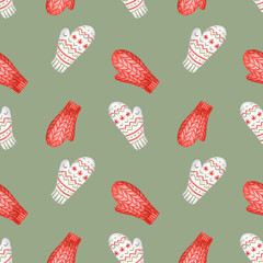 Watercolor seamless pattern with red and white knitting mittens