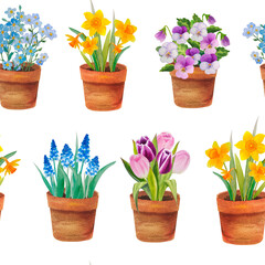 Watercolor seamless pattern with spring flowerpots