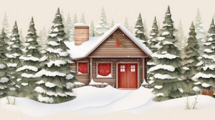 Fototapeta premium Wooden house in the middle of a snowy forest in winter, amidst pine trees. Landscape outdoor scene view.