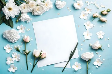 Naklejka na ściany i meble Wedding mockup with white paper list and flowers on blue pastel table top view. Beautiful floral pattern. Flat lay style. Spring Woman day card