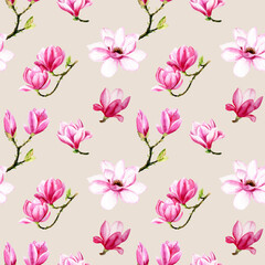 Fototapeta na wymiar Watercolor magnolia flowers hand drawn seamless pattern.