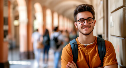 Fototapeta premium Student with backpack near college and looking at camera.