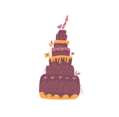 Vector illustration of a festive multi-tiered chocolate cake with a candle. Illustration for design of birthday and anniversary cards. Cartoon hand drawn style.