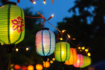 Fototapeta premium Bright Festive chinese Lanterns Strung Up in the Evening