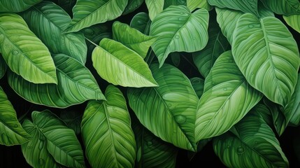 Close up view of fresh, lush, dewy green leaves, natural green plant background wallpaper. - obrazy, fototapety, plakaty