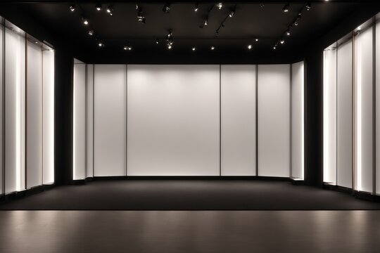 Black partition with copyspace in the center of stylish black room with led lights on walls