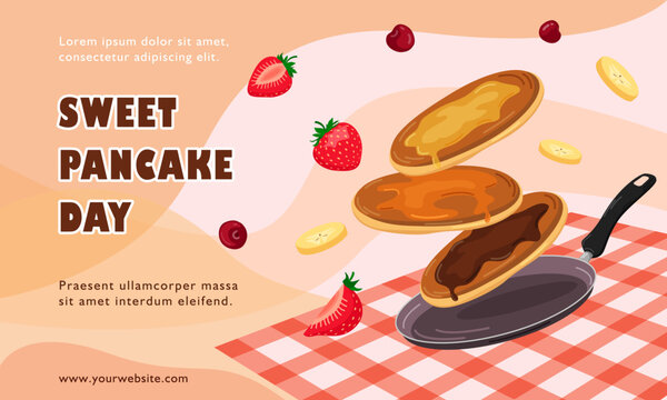 Vector banner for Pancake Day. Pancakes with syrup, melted butter and chocolate flying over the frying pan. Food illustration. Congratulation banner, card, image.