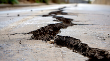 Cracked ground, broken road with a large crack.