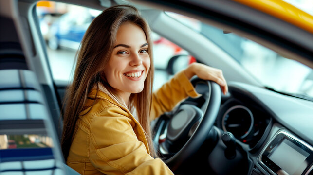 Happy woman in a car dealership inspecting a new car before purchasing.