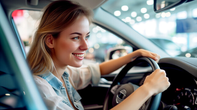 Happy woman in a car dealership inspecting a new car before purchasing.