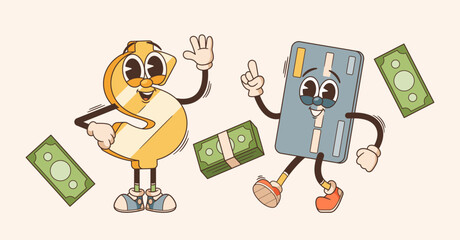 Retro Cartoon Groovy Financial Characters. Funky Dollar Sign With Psychedelic Vibes Waving Hand, And Credit Card