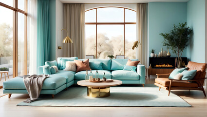 Luxury modern living room with fireplace and light blue sofa on the carpet with gold, fur, velvet decoration
