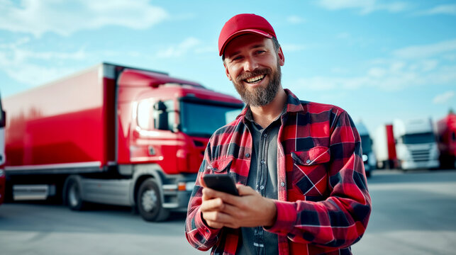 Happy truck driver talking on his cell phone and looking at the camera.