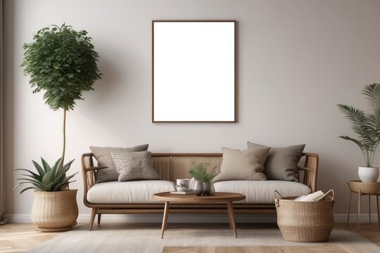 Modern composition of living room interior with brown mock up poster frame, design retro commode, sofa, bookstand, rattan basket with plant and elegant accessories