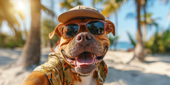 Funny image of dog wearing a straw hat and sunglasses on the sunny beach. Holliday summer conception