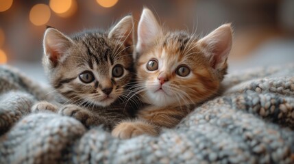 Naklejka premium Playful Kittens, Adorable close-up of playful kittens engaged in cute interactions, conveying warmth and coziness