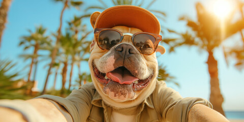 Funny image of dog wearing a straw hat and sunglasses on the sunny beach. Holliday summer conception