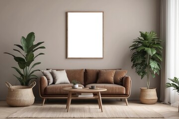 Modern composition of living room interior with brown mock up poster frame, design retro commode, sofa, bookstand, rattan basket with plant and elegant accessories