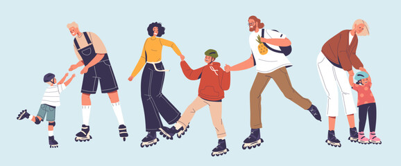 Family Characters Parents and Kids Joyfully Glide Together On Roller Skates. People Weaving Through The Rink