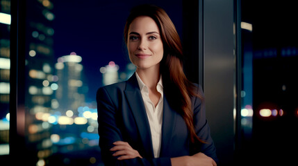 Businesswoman stands in front of a window overlooking the night metropolis.