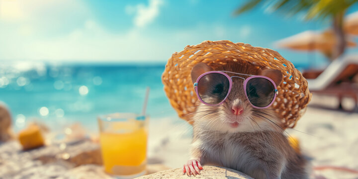 Funny image of domestic rat wearing a straw hat and sunglasses on the sunny beach. Holliday summer conception