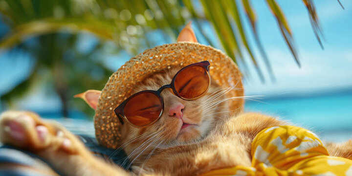 Funny image of orange cat wearing a straw hat and sunglasses on the sunny beach. Holliday summer conception