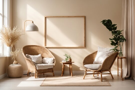 mockup of an empty beige wall in an interior space with a wicker armchair and a vase. daylight coming in via a window