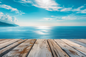 Wooden Tabletop With Ocean Backdrop