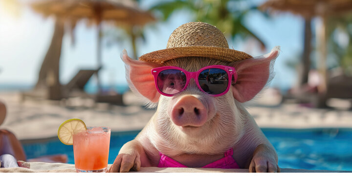 Funny image of pig wearing a straw hat and sunglasses on the sunny beach. Holliday summer conception
