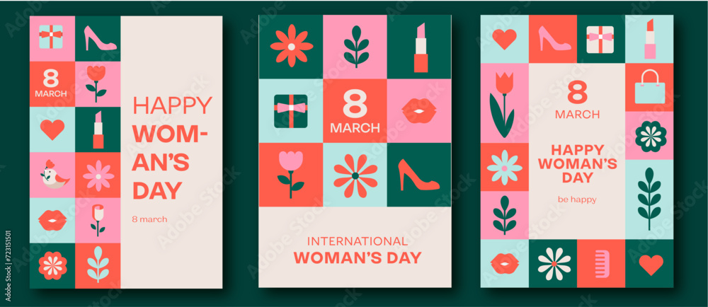 Wall mural Set of 3 postcards for internationam woman day. Vector illustration. flowers, spring, giftbox, shoes, lipstick, social media. march 8