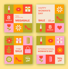 Set of 4 insta posts for internationam woman day. Vector illustration. flowers, spring, giftbox, shoes, lipstick, social media. march 8