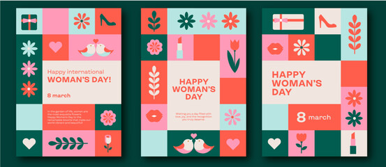 Set of 3 postcards for internationam woman day. Vector illustration. flowers, spring, giftbox, shoes, lipstick, social media. march 8