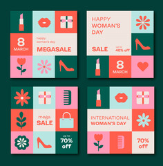 Set of 4 insta posts for internationam woman day. Vector illustration. flowers, spring, giftbox, shoes, lipstick, social media. march 8