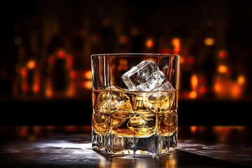 glass of whiskey with ice on bar counter, moody dark background, ice in a glass