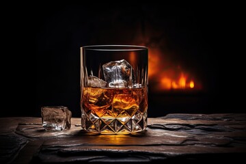 glass of whiskey with ice on fireplace counter, moody dark background, 