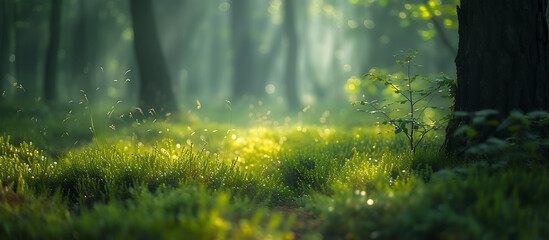 a blurry background of a forest with green grass and  - obrazy, fototapety, plakaty