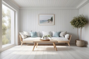Fototapeta na wymiar White wood shiplap home showcase interior sitting area
