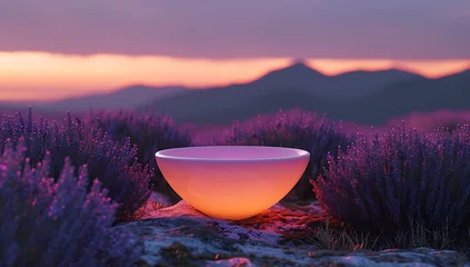 Foto auf Acrylglas Lavendel a bowl at sunset surrounded by lavender in