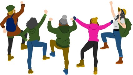 全力で喜ぶアウトドアな女性たちのイラスト