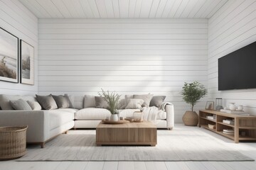 White wood shiplap home showcase interior sitting area