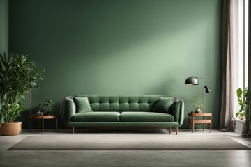 Wall background in green, minimalist sofa, wooden sofa with marble pattern, grey carpet, poster, lamp, and empty frame on wall 