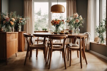 home interior dining room with wood chair and wood table ,vase with flowers