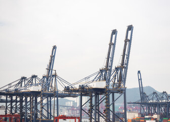 Fototapeta na wymiar Container terminals with ship cranes and equipment in cargo port.