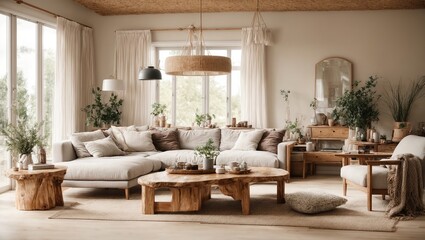Fototapeta na wymiar Interior of a beige living room decorated in a Scandinavian farmhouse style with natural wood furnishings,Modern luxury living room , Modern interior living room design