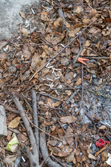 a huge number of cigarette waste in the street side Road