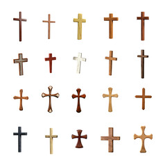 Set of simple wooden Christian cross. Crucifix made of wood. Various shapes, colors and styles. Transparent background PNG. Premium pen tool cutout. Religious symbol of the crucifying of Jesus Christ.